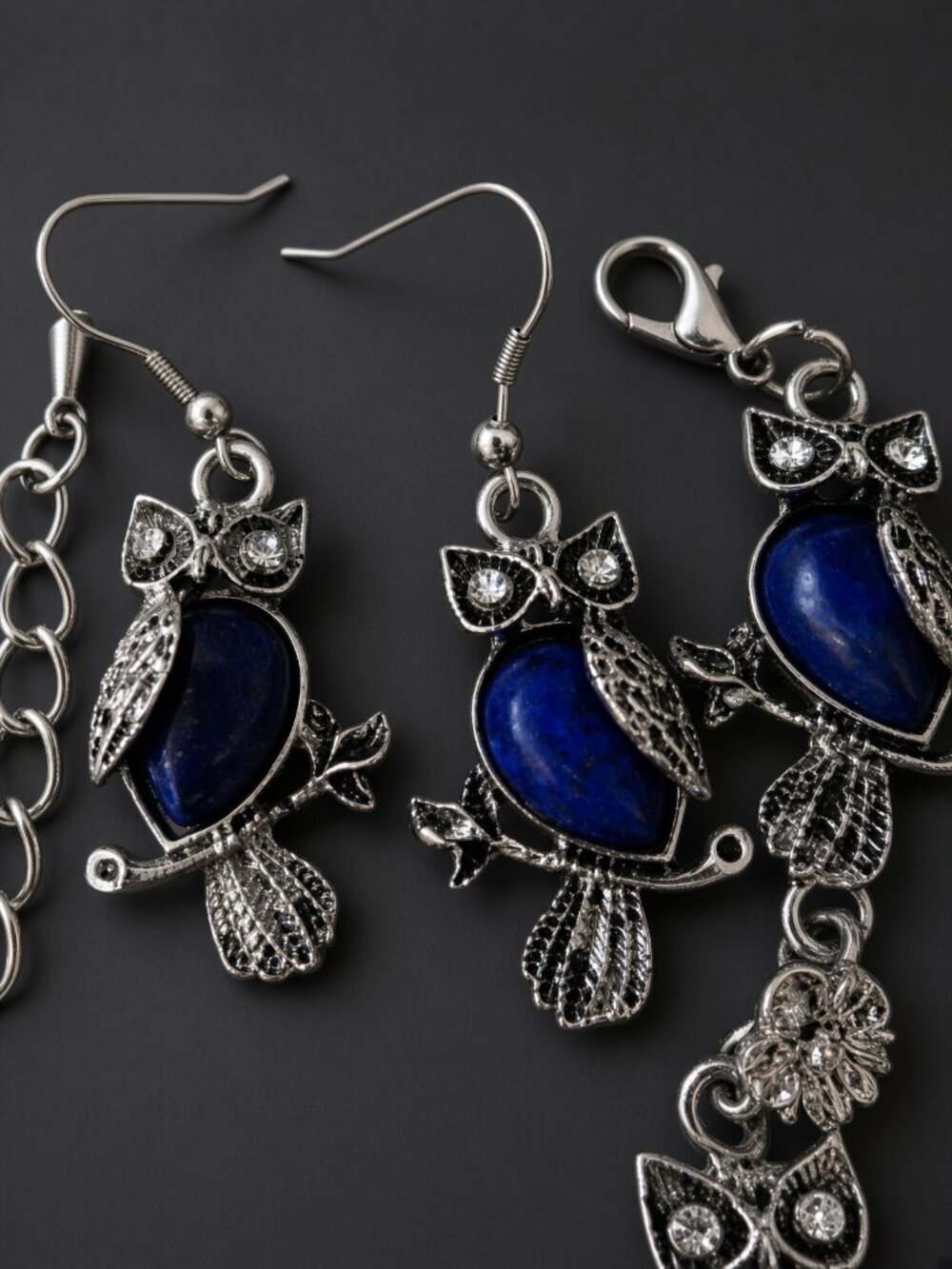 Silver Tone Rhinestone Owl Bracelet with Dangle Earrings Set Blue Heavy